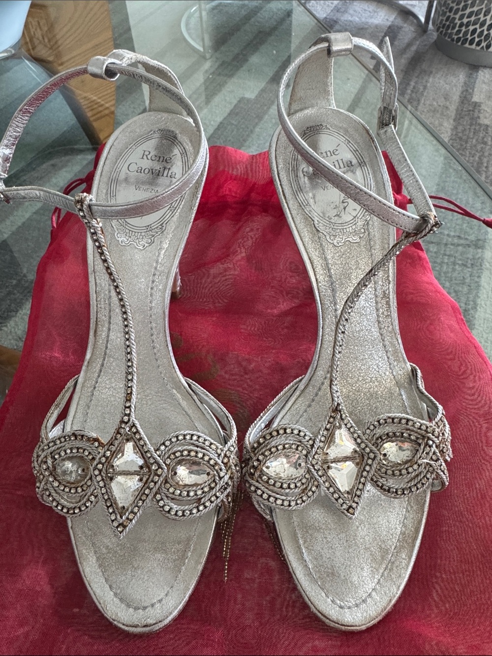 Rene Caovilla Metallic Silver Beaded T-Strap Sandals